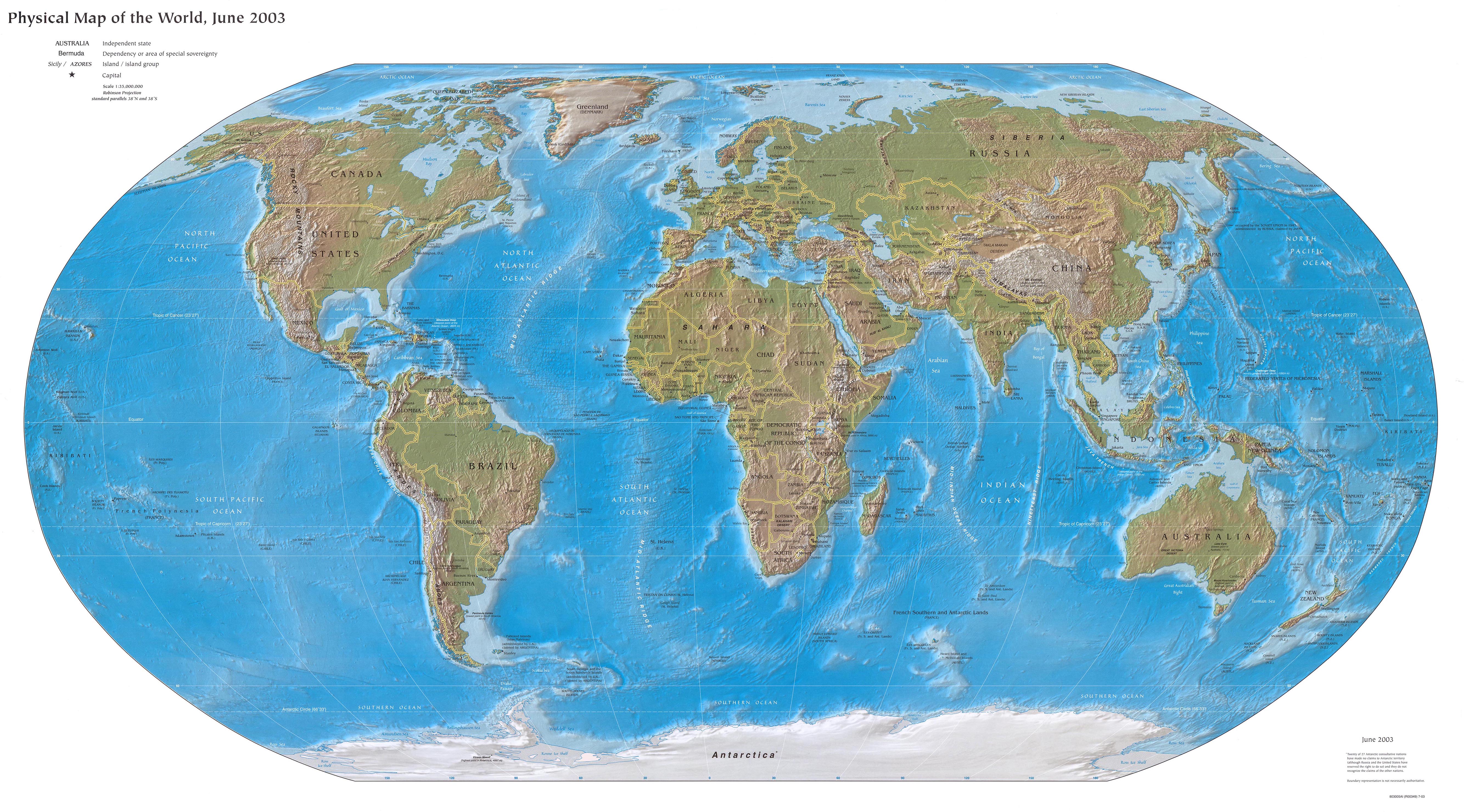 Världskarta. Fysisk karta över Världen 2003.